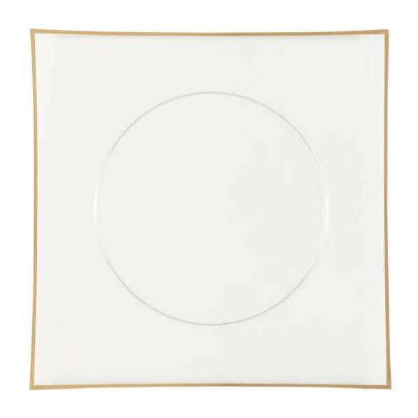 Clear and Gold Flat 13″ Square Plastic Charger Plate - 4 Count for wholesale by Posh Setting