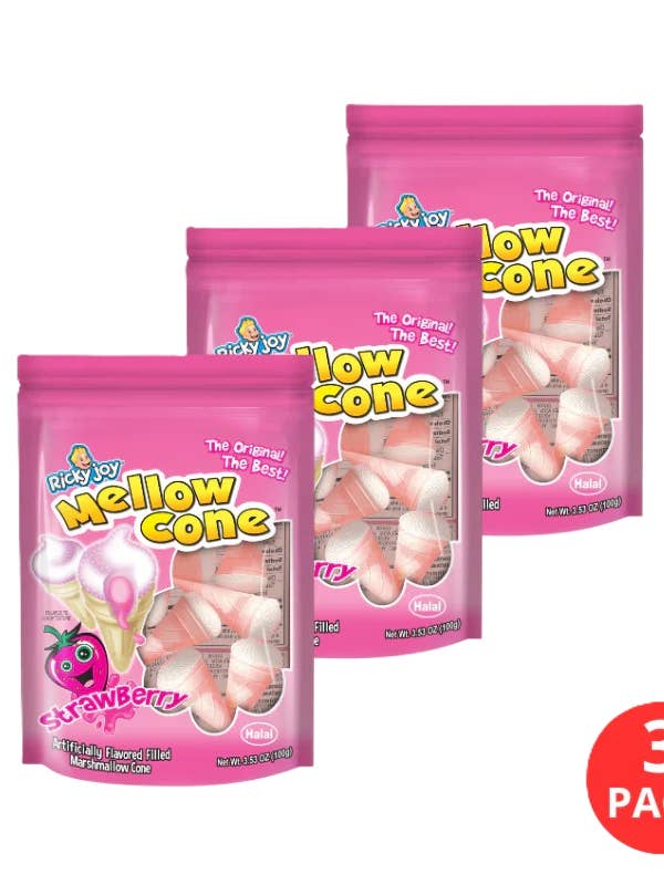 Ricky Joy Mellow Cone – Saveur Fraise (Lot de 3) | Friandises de Cône de Guimauve Halal pour la vente par Fiesta Snacks