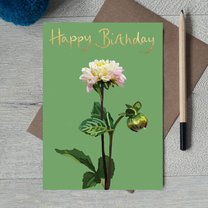 DAL 02 - Happy Birthday Dahlia Greeting Card with Foil for wholesale by Sarah Kelleher