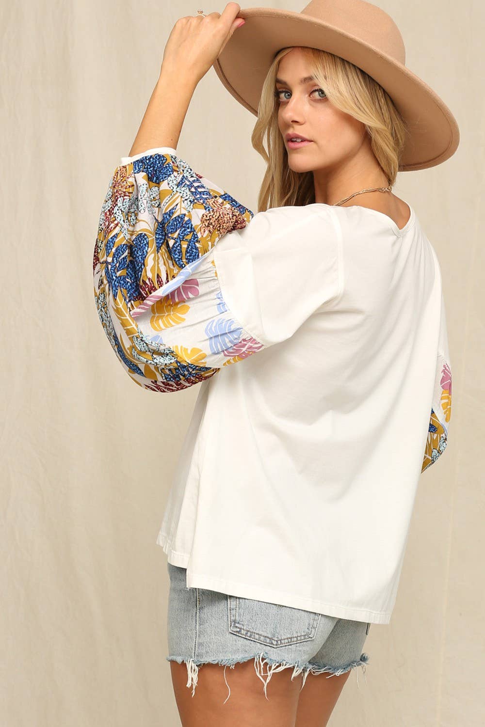 Off White Botanic Color Printed Bishop Sleeves Top for wholesale on Faire5