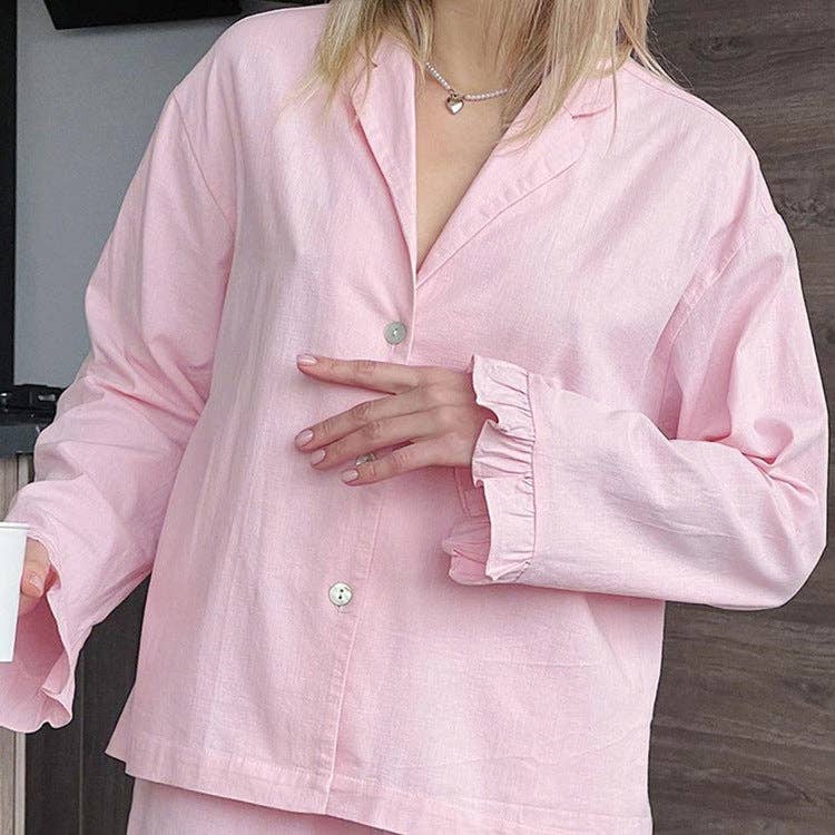 pink Baumwoll-Pyjama-Set mit Spitzenbesatz Damen Pink N5A366 für den Großhandel auf Faire2