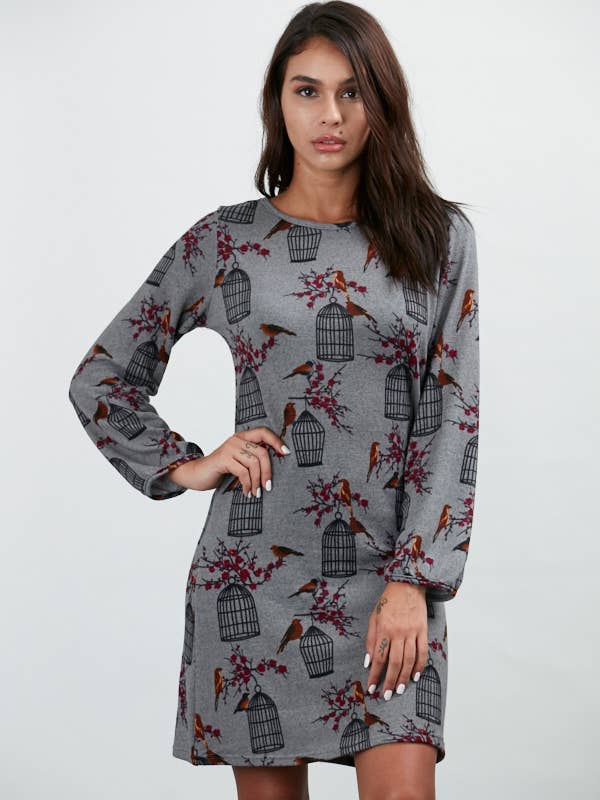 Fuglebur Print Vinter Tunika Grå for engroshandel hos SM WARDROBE