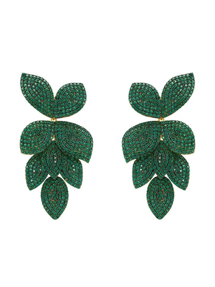 Petal Cascading Flower Earrings Gold Emerald Green for wholesale by Latelita