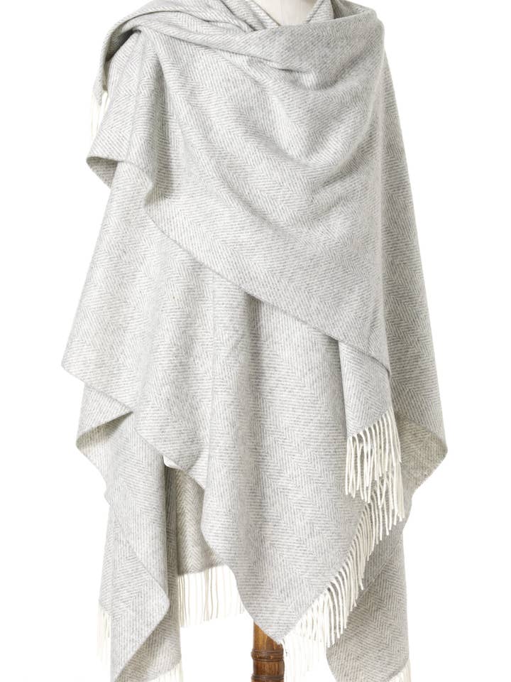 Bronte by Moon Full Size Ruana - Merino Lambswool - Herringbone Gray for wholesale by Bronte Moon