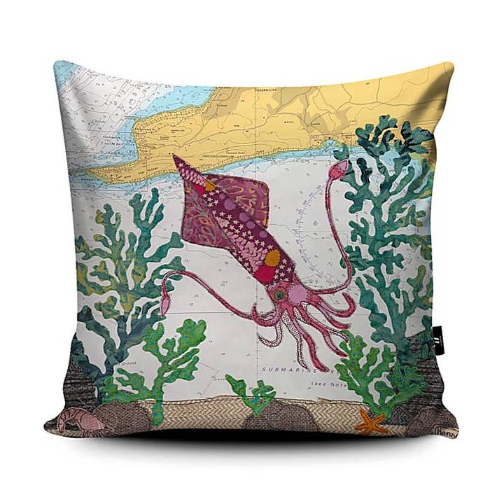Squid at the Isle of Wight Cushion for wholesale by Hannah Wisdom Textiles