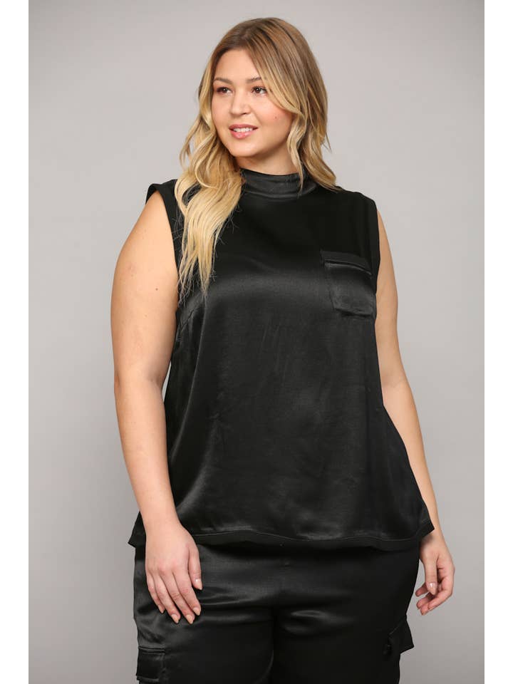 BLACK SLVL SATIN TOP WITH RIBBED TRIM FT3177P for wholesale on Faire