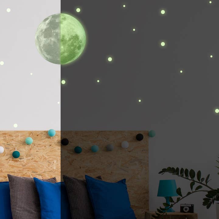 Glow In The Dark Full Moon And Star Wall Sticker - Bedroom Ceiling Decoration Large Glowing Decal for wholesale by Decords