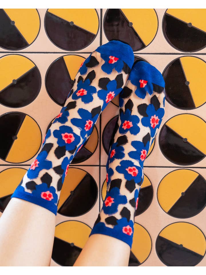 Sock Candy - Wholesale Socks - Women's - Bold Blue Floral Sheer Crew Sock