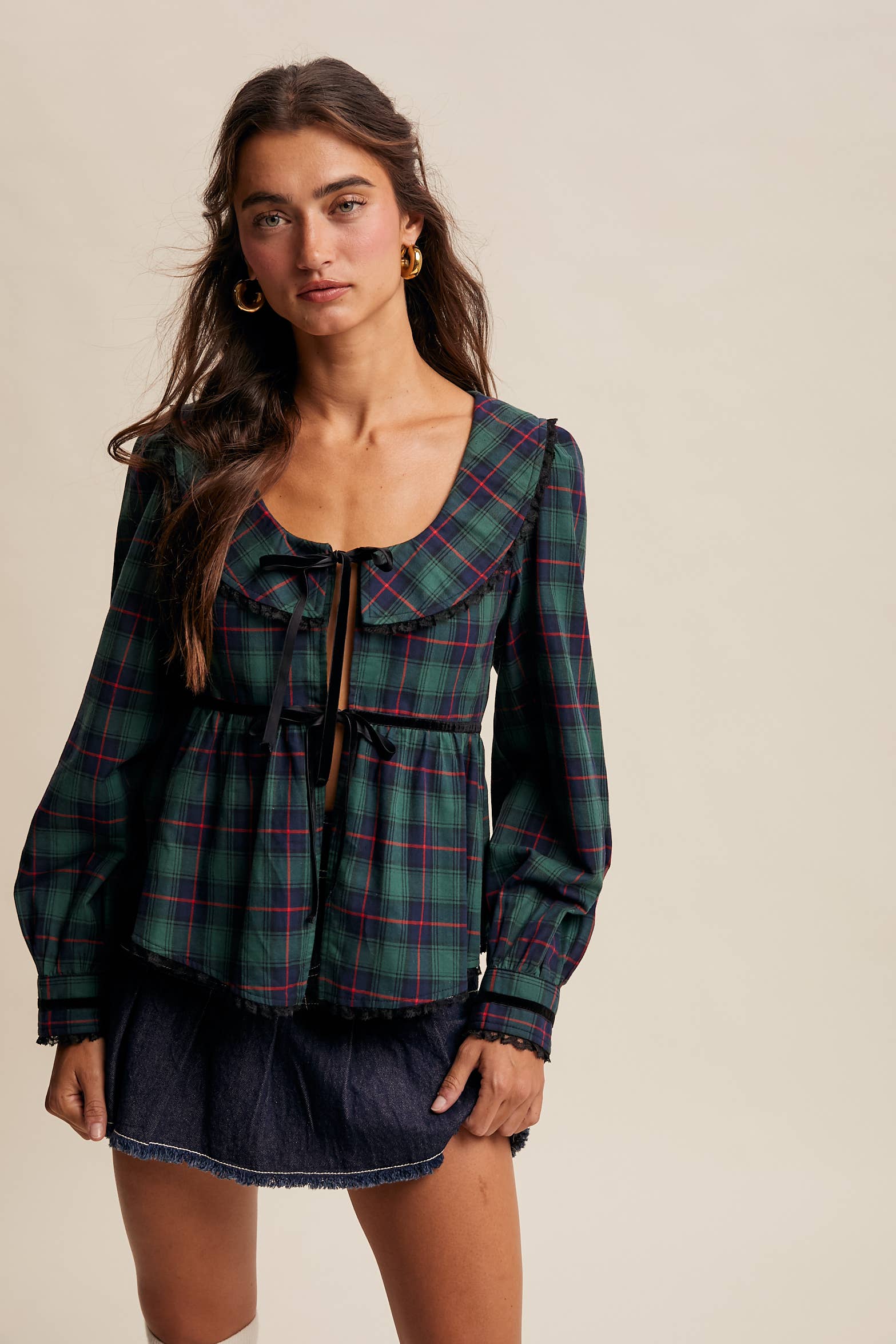 Listicle - Wholesale Blouse - Women's - Plaid Velvet Trim Holiday Blouse LT144610