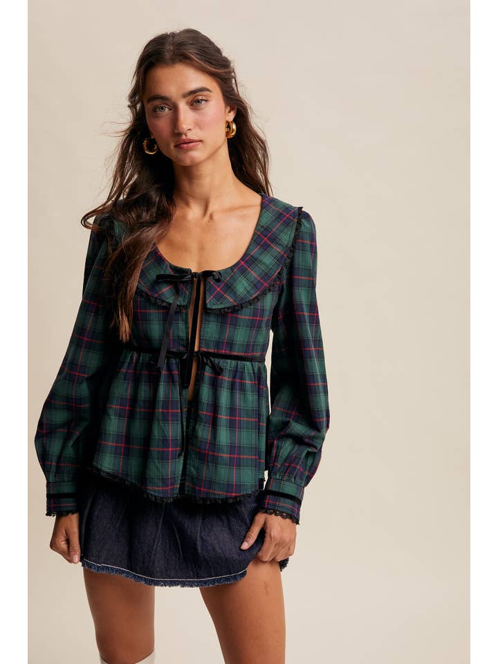 Listicle - Wholesale Blouse - Women's - Plaid Velvet Trim Holiday Blouse LT144610