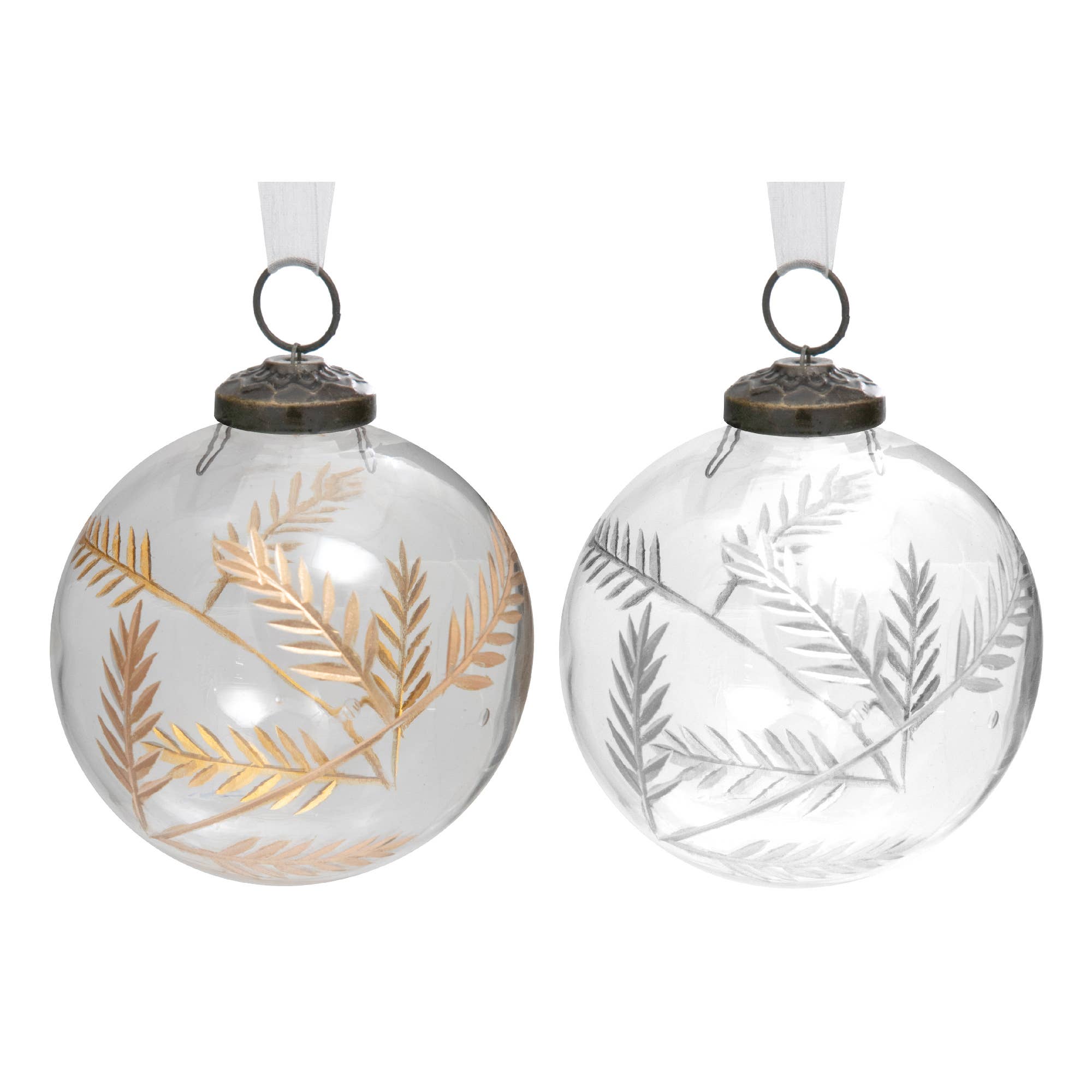 Multi 4" Clear Glass Ornament With Leaf Etching Gold + Silver for wholesale on Faire0