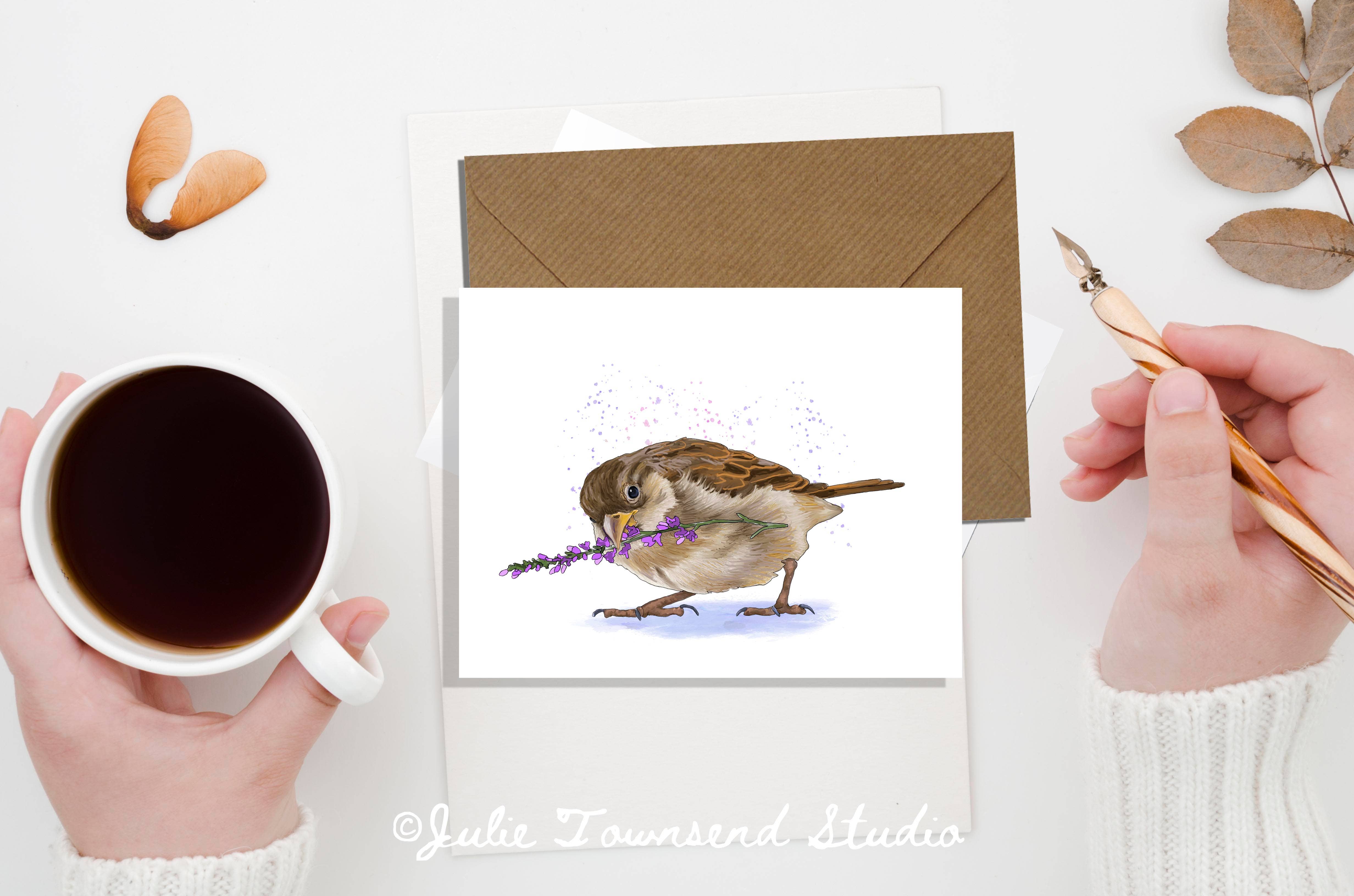 Julie Townsend Studio - Wholesale Stationery/Notecard Set - A2 Card Set  - Sparrow with Lavender - Set of 10 Cards2