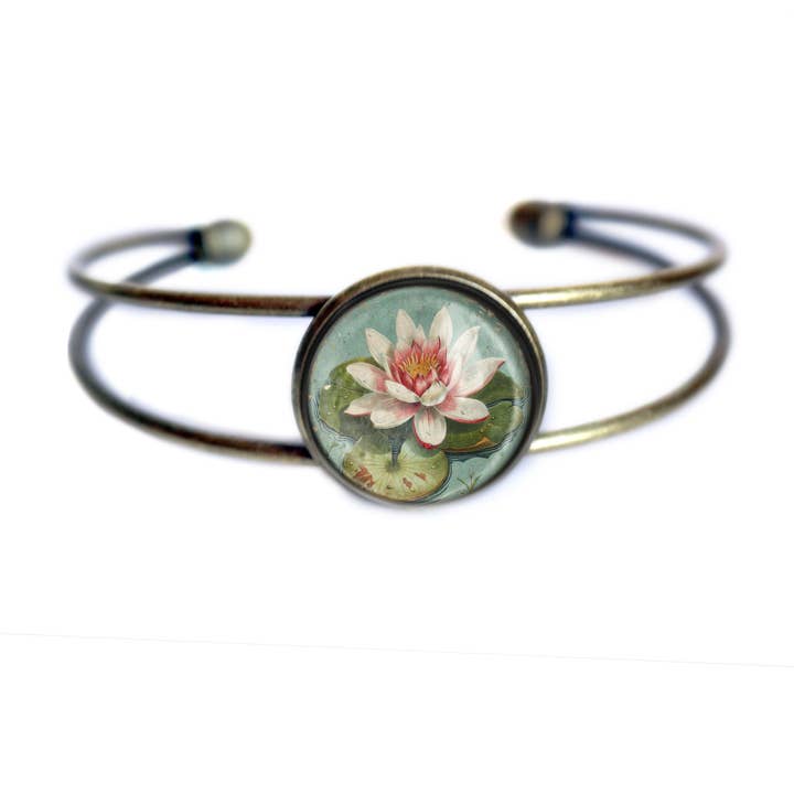 Waterlily Glass Cabochon and Brass Cuff Bracelet for wholesale by The Divine Iguana