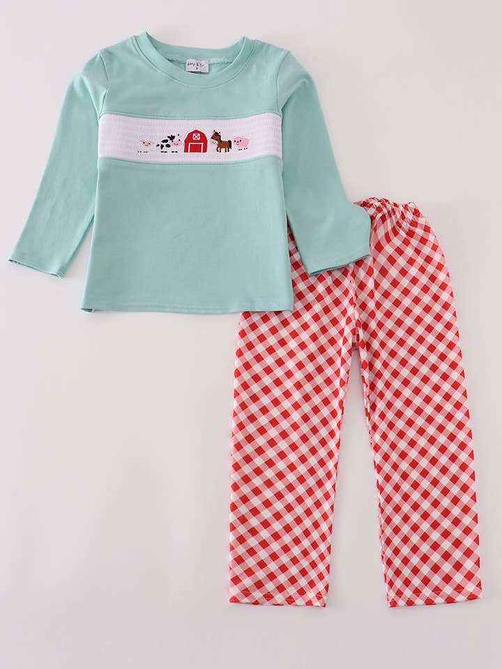 Conjunto de pantalones ahumados de granja roja para venta al por mayor de Mom & Co.