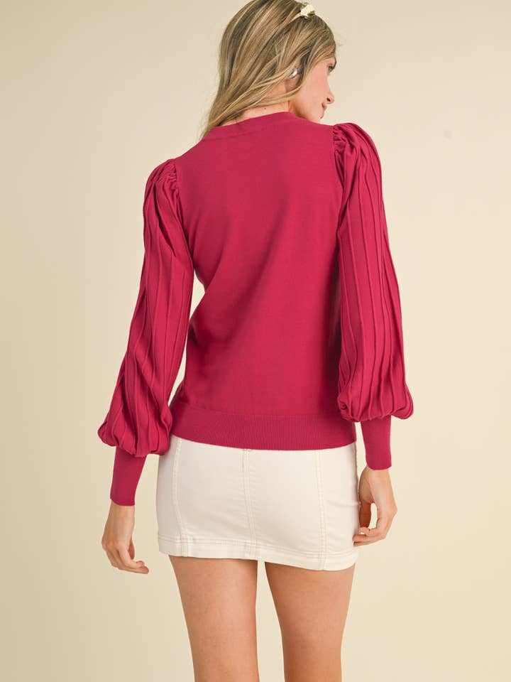 &MERCI - Wholesale Knit Sweater - Women's - STRIPE TEXTURE PUFF SLEEVE SWEATER MSW948541