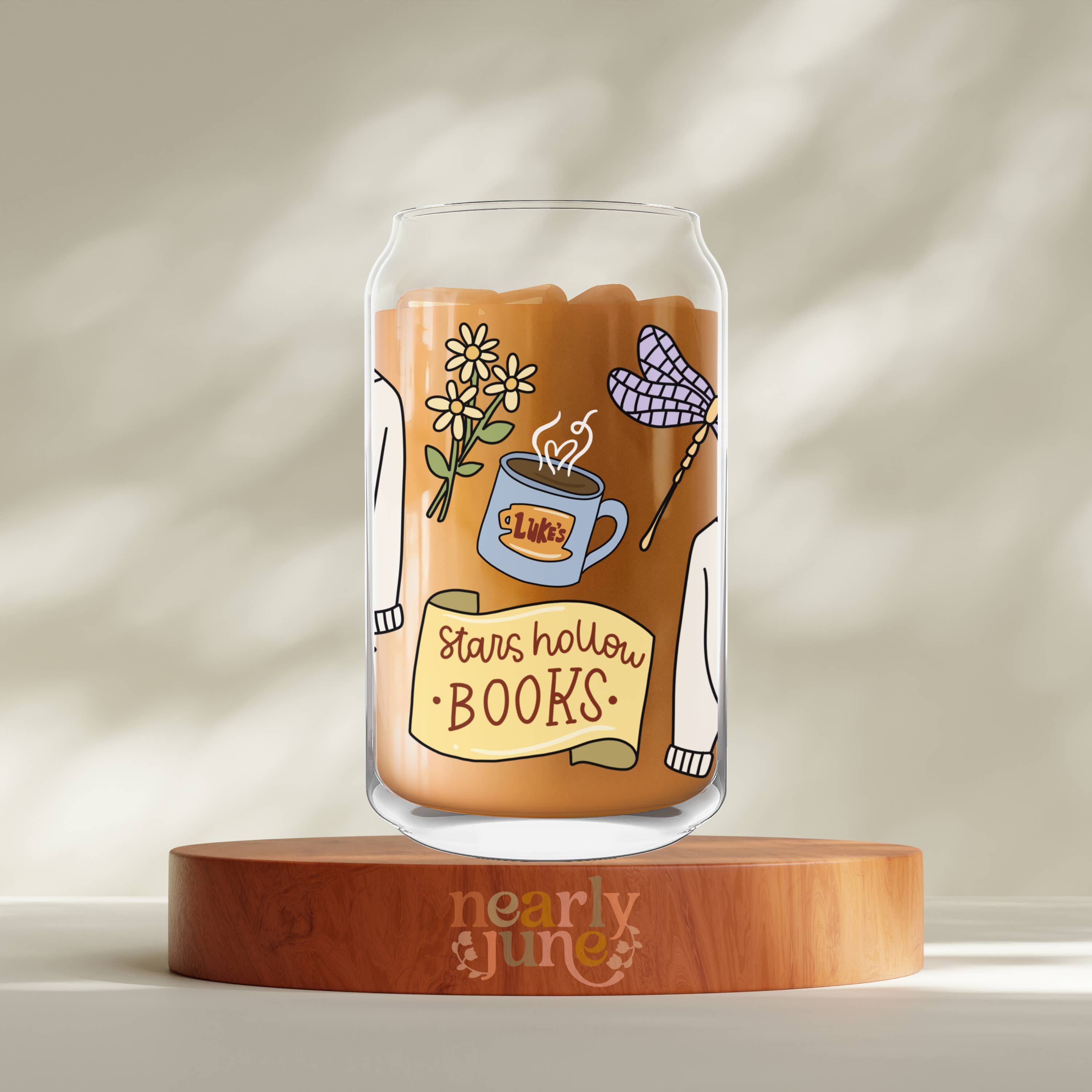 Nearly June Design Co - Wholesale Drinking glass/cup - Gilmore Girls Stars Hollow Books Can Coffee Glass