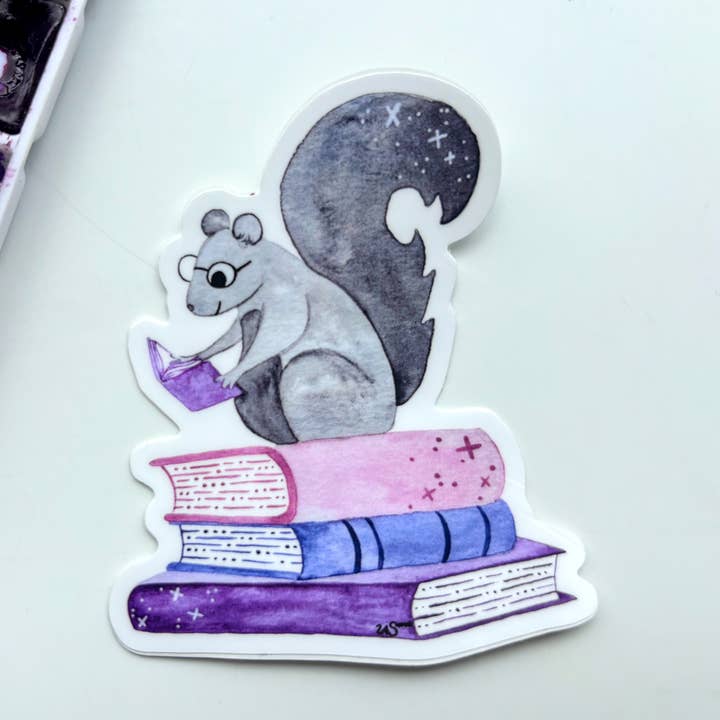 Reading Squirrel Vinyl Sticker for wholesale by Owlfeathers Watercolor