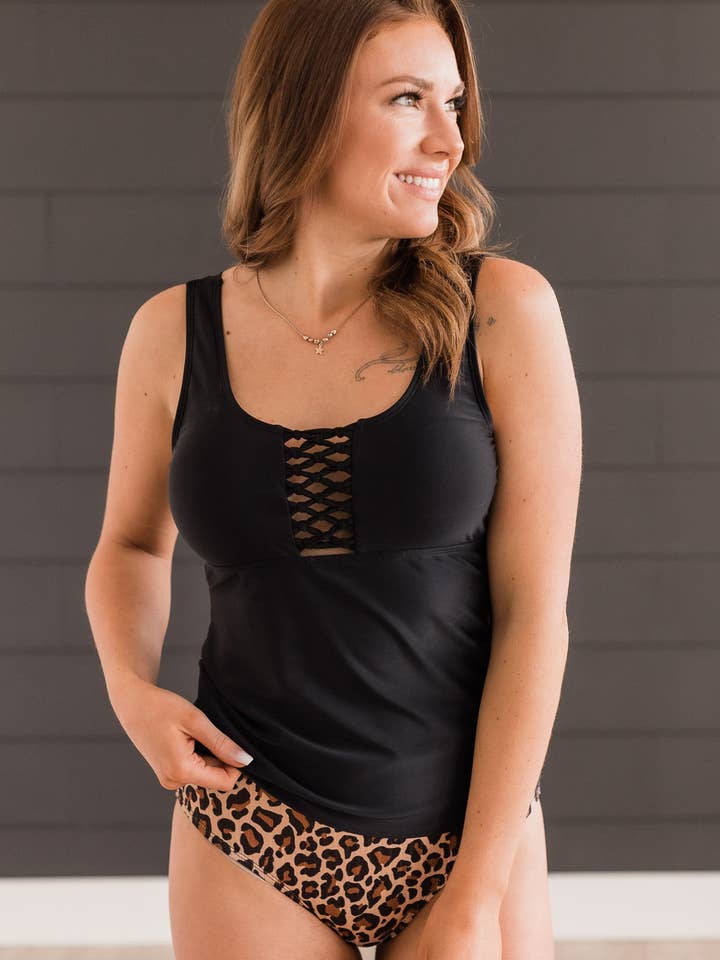 Sunny Escape Braided Tankini Swim Top- Black for wholesale by Mack and Mal