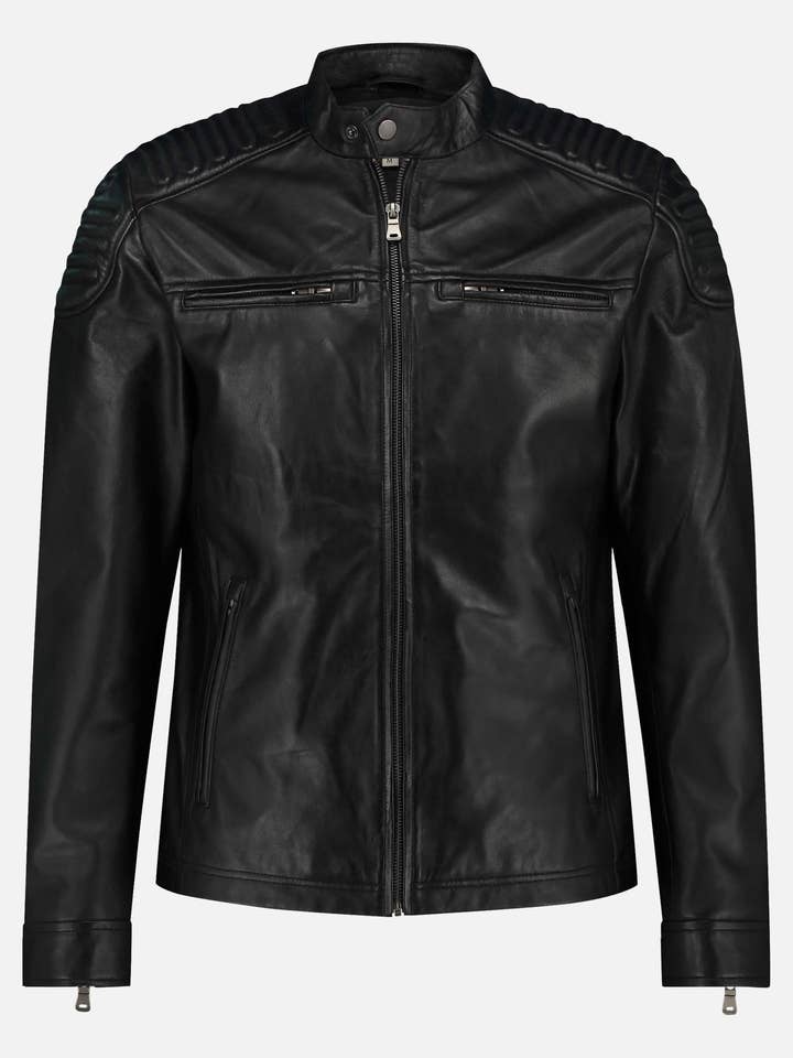 Hobbs | Veste de moto en cuir noir et bleu pour homme pour la vente par Amsterdam Heritage Leather Belts, Bags, Jackets & Apparel