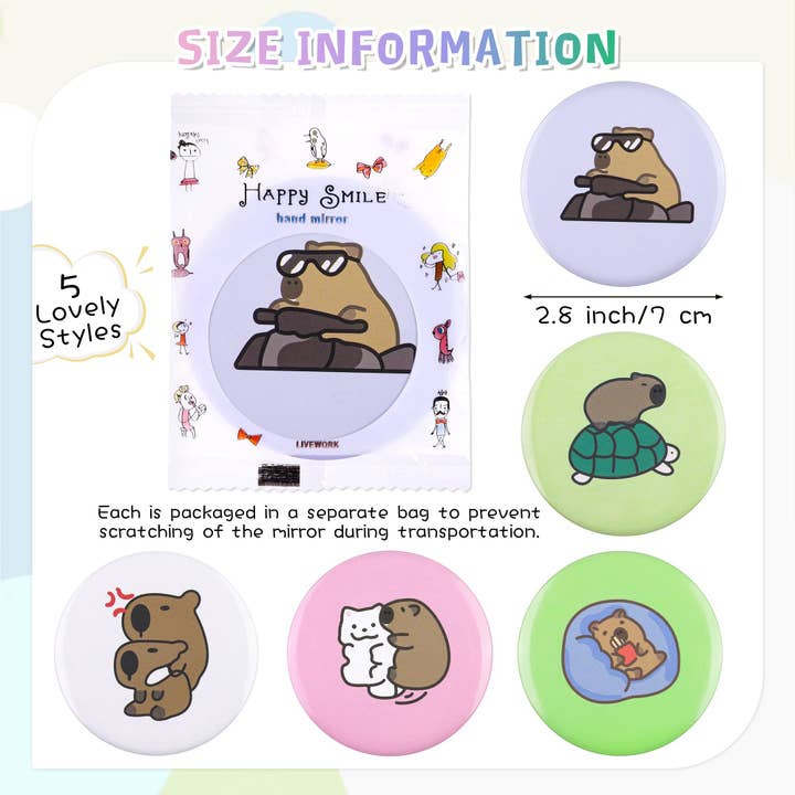 CapyFun - Wholesale Compact Mirror - Cute Capybara Mini Round Mirror Set - 5 Various Designs