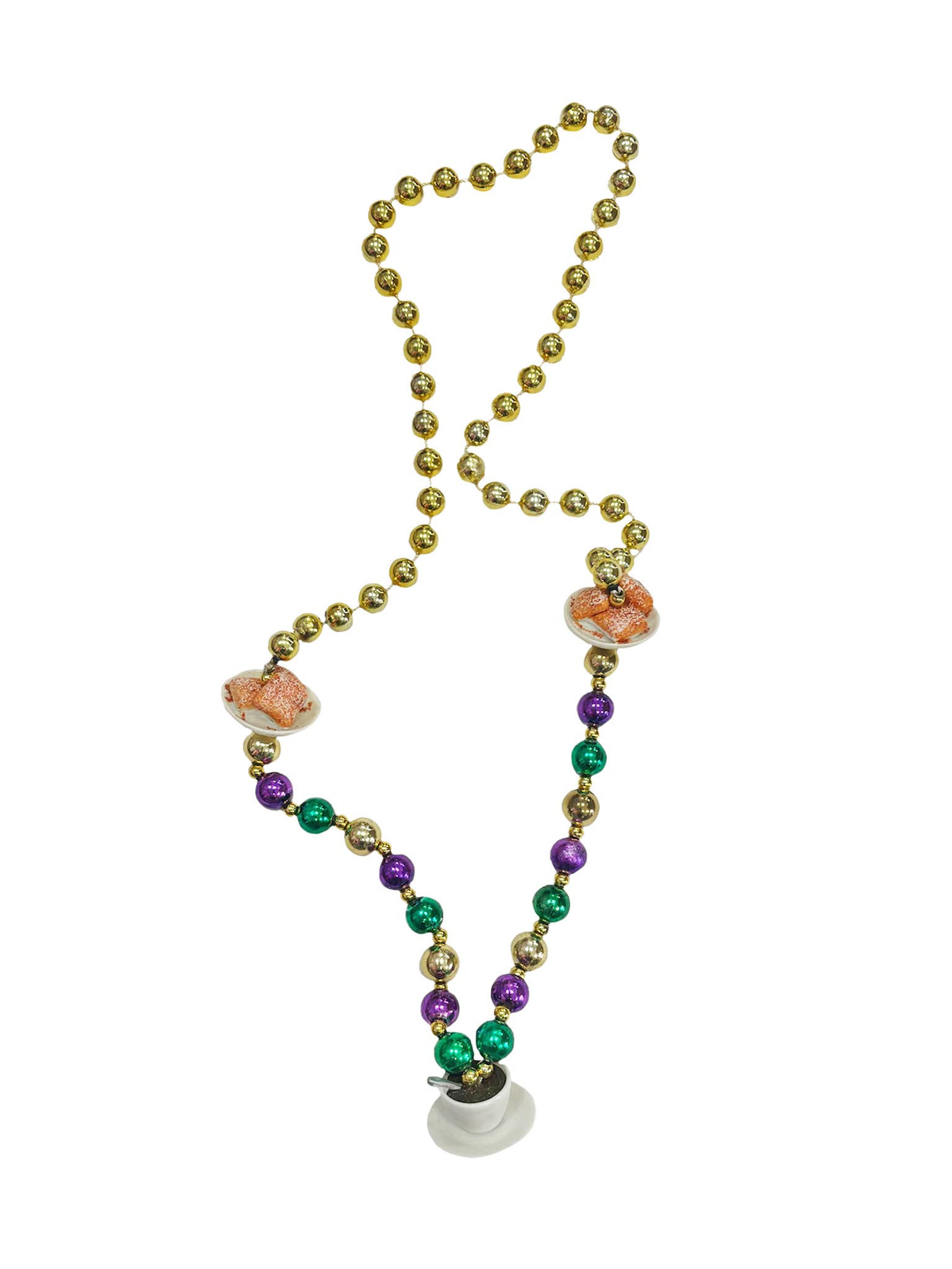 Mardi Gras Creations - Wholesale Beaded/Pearl Necklace - Coffee And Beignets On Purple Green And Gold Specialty Bead