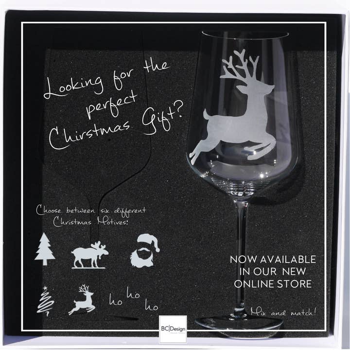 Coffret de 2 verres à vin rouge en cristal motif cerf - cadeau de Noël pour la vente par Blue Chilli Design
