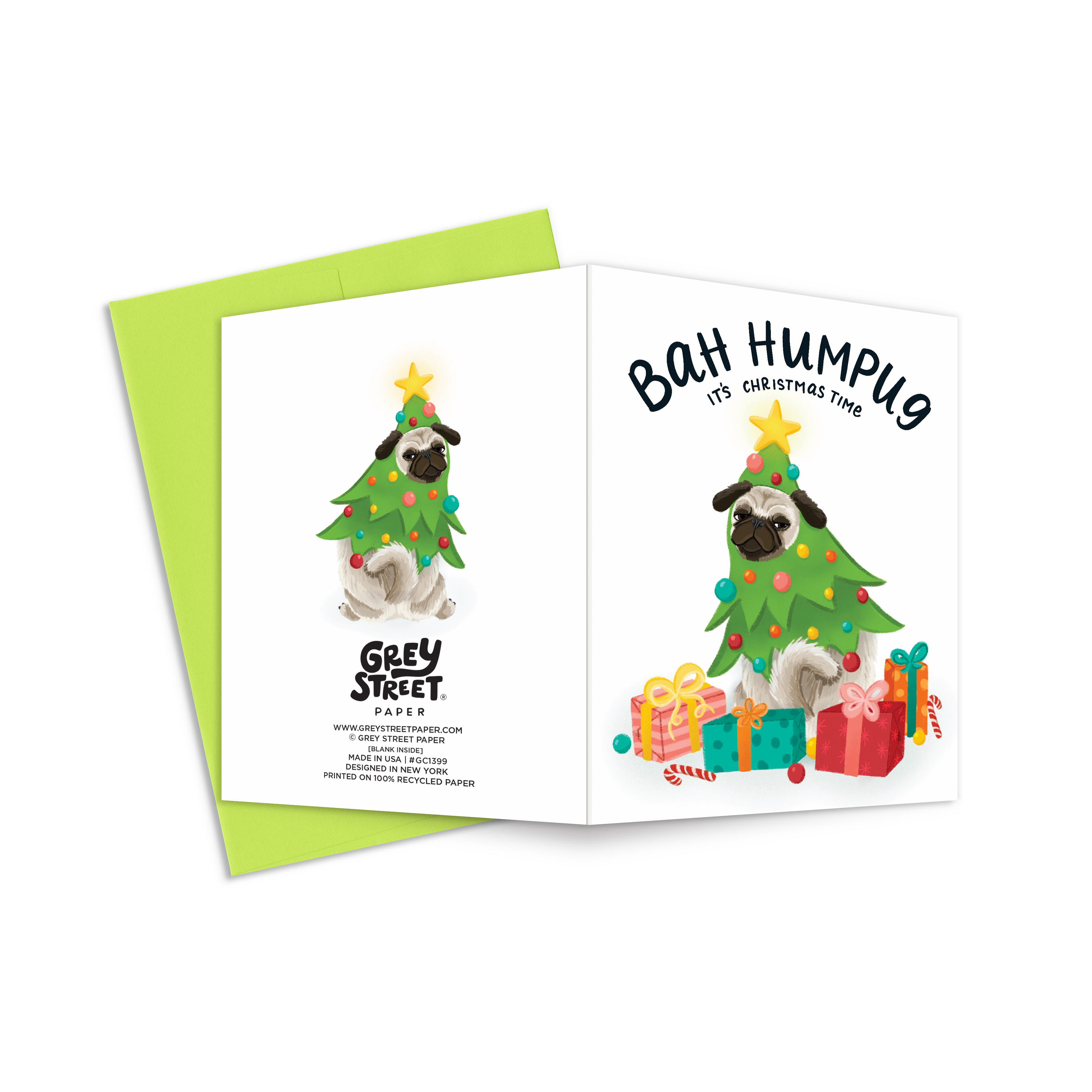 Grey Street Paper - Vente Cartes de Noël - Bah Hum Pug C'est Noël - Carte de vœux de Noël amusante pour chien2