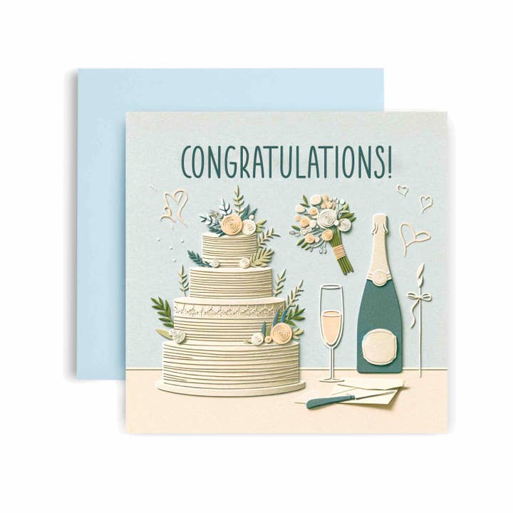 Carte de félicitations pour le jour du mariage avec champagne et gâteau pour la vente par Huxters