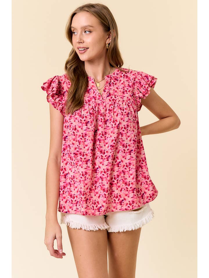 FUCHSIA FLORAL PRINT SPLIT V-NECK RUFFLED SLEEVE TOP - 43899T-1 for wholesale on Faire