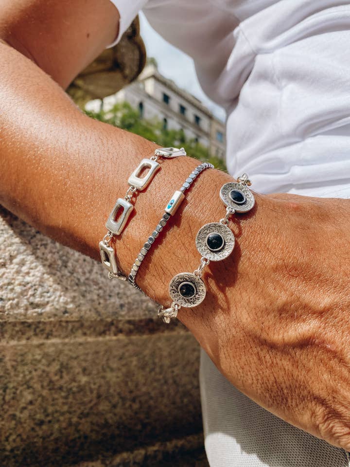 SIlver Beaded Bracelets Men, Chain Bracelet, Discs Bracelet for wholesale by Christina Christi