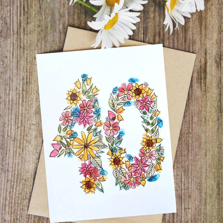 40th Birthday/Anniversary Card x5 for wholesale by Badibidu Watercolours