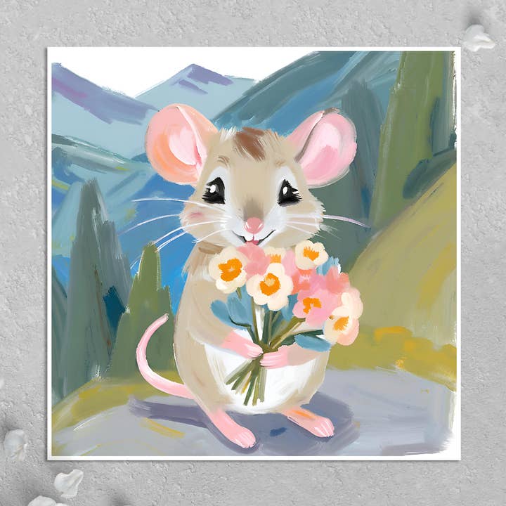 Tarjeta de cumpleaños: Lindo ratoncito con ramo de flores silvestres para venta al por mayor de KalooMoon Art