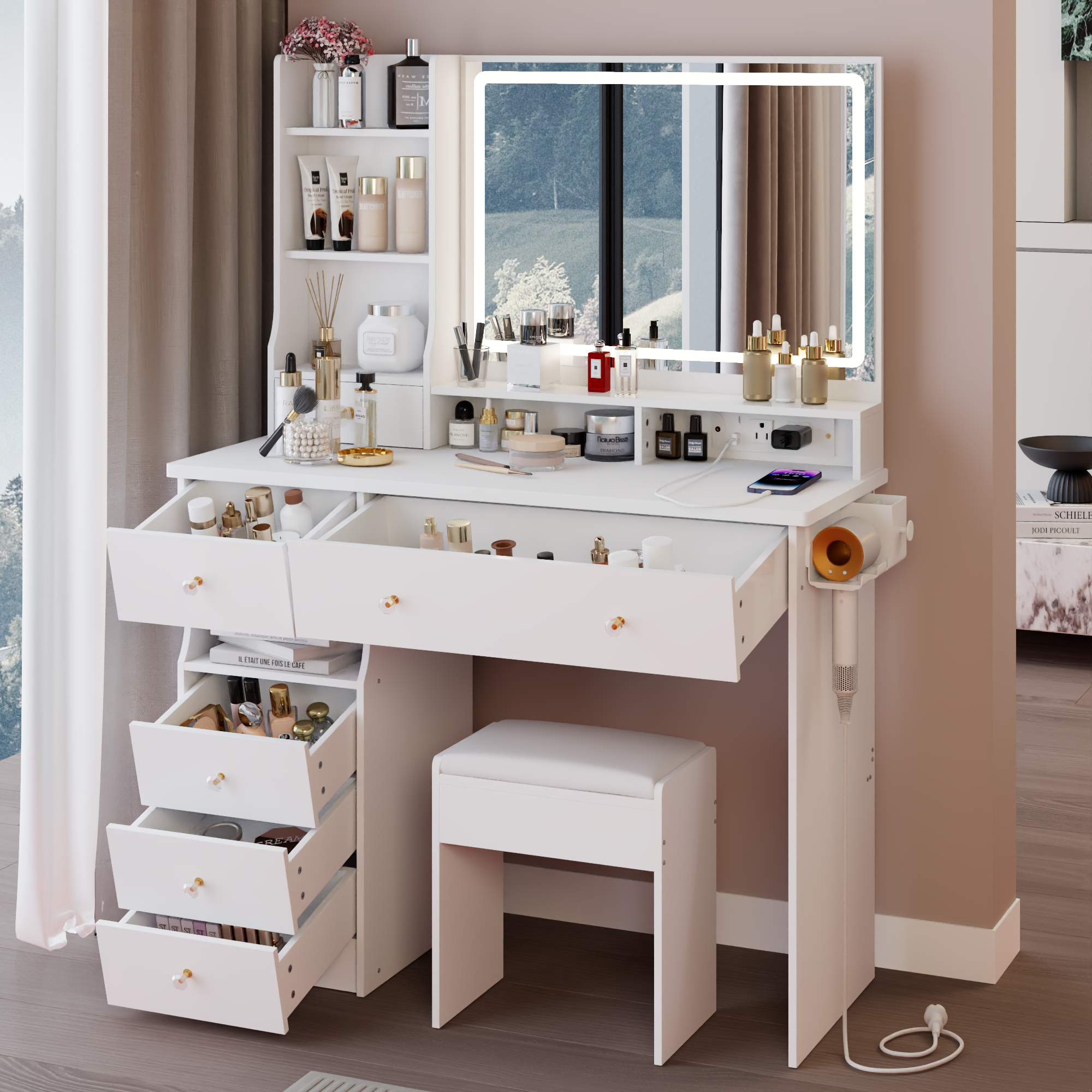 39F Inc. - Vente Miroir de courtoisie - Ensemble de coiffeuse blanche de 41'' avec station d'alimentation et miroir LED5