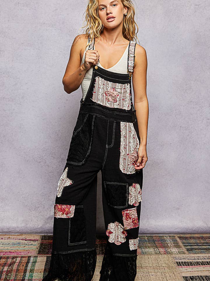 Double Gauze Lace Contrast Side Zipper Patchwork Overalls for wholesale by Pol Clothing