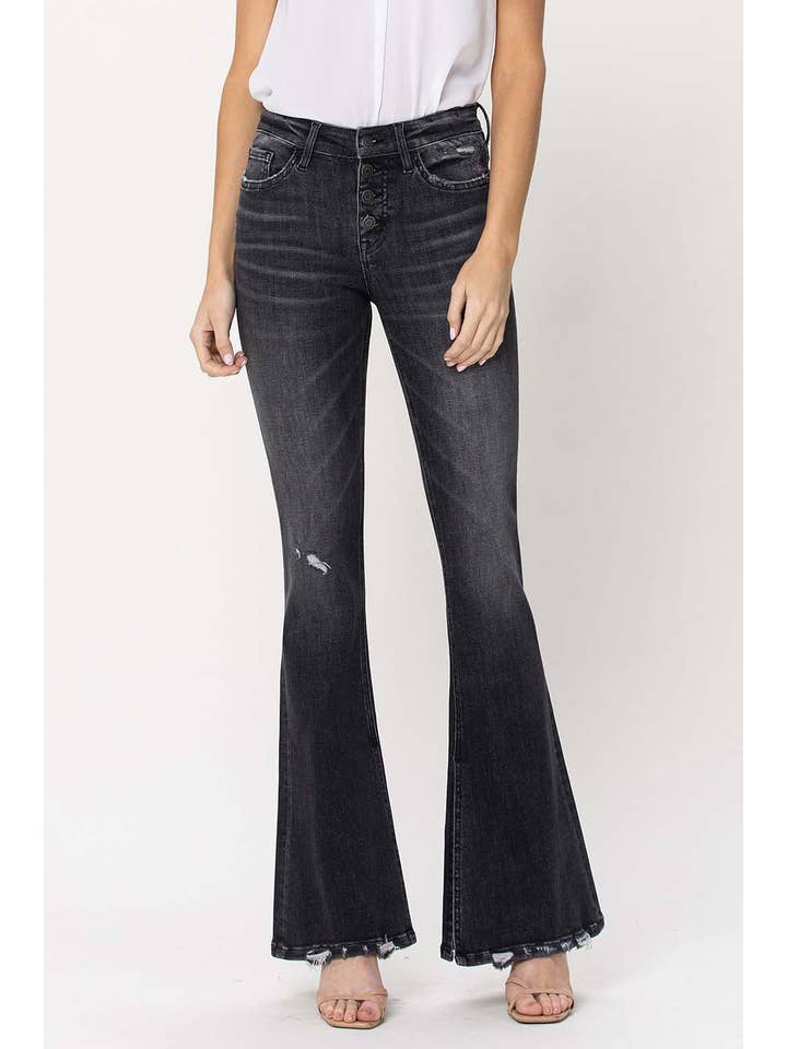 WIND SNAP MID RISE BUTTON UP FLY SLIT FLARE JEANS F4322 for wholesale on Faire1