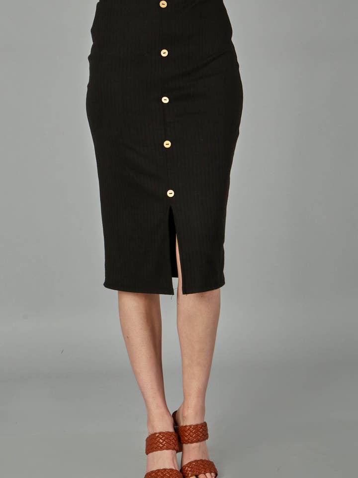 Solid rib elastic waist band button skirt (P18364) for wholesale by P.S Kate