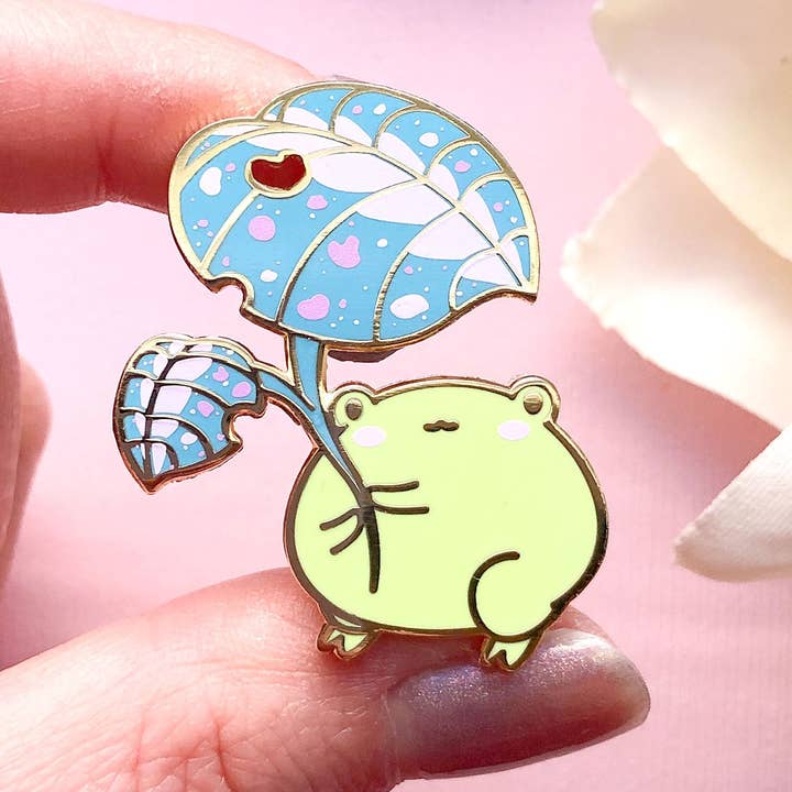 Alum and Ink - Wholesale Lapel Pin/Button - Gogo the Frog Leaf Umbrella Enamel Pin