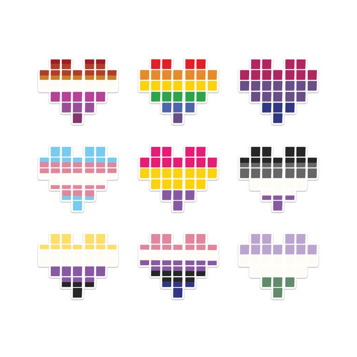 Pride Pixel Hjerter LGBTQIA+ Vinyl Klistermærke for engroshandel hos Mouthy Broad