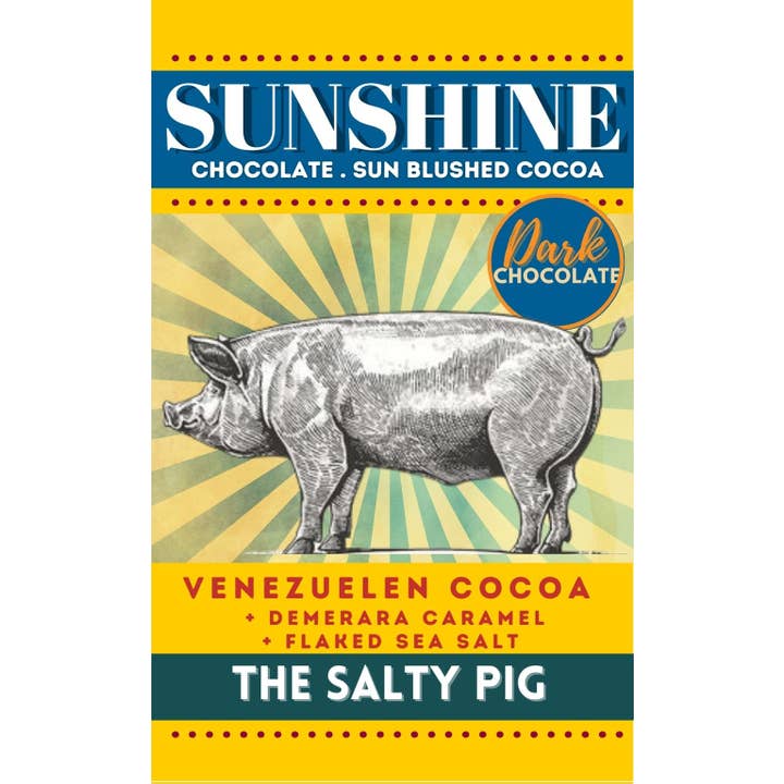 Sunshine Chocolate Salty Pig dark chocolate melt bar for wholesale by Dorset Chocolate