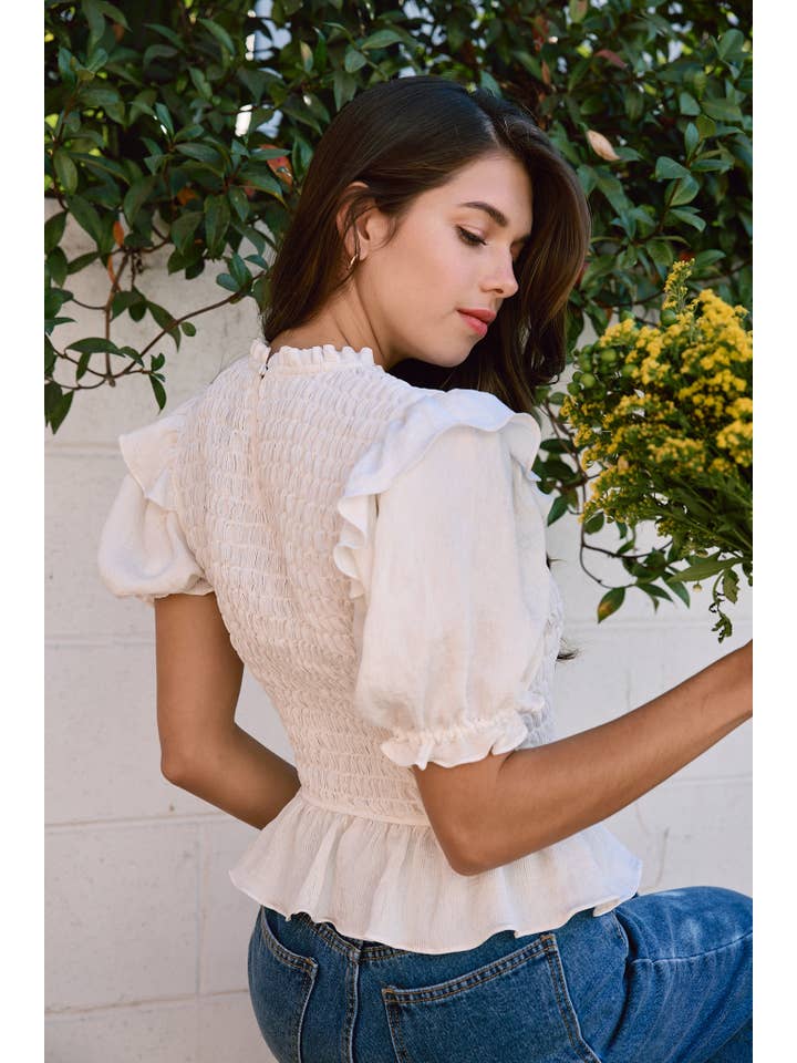 RAISONNEL - Wholesale Blouse - Women's - Linen Ruffle Smocking Blouse - RT10526