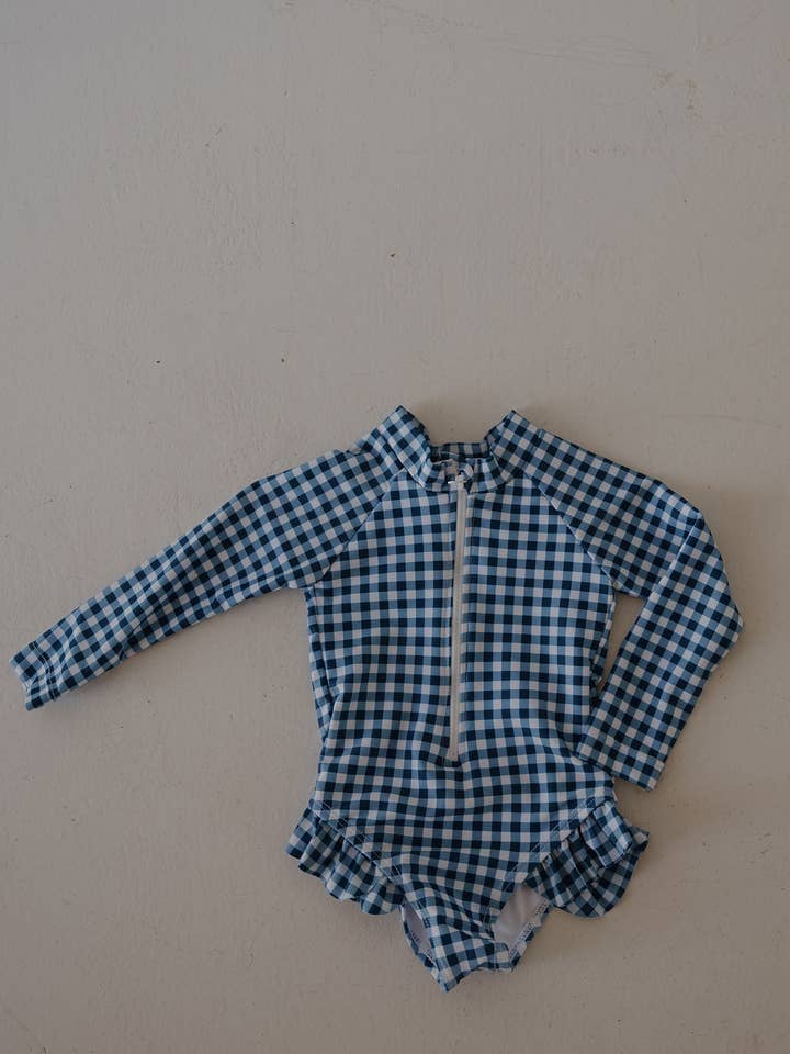 Girls Long Sleeve Swimsuit | Blue Gingham for wholesale by Forever French Baby