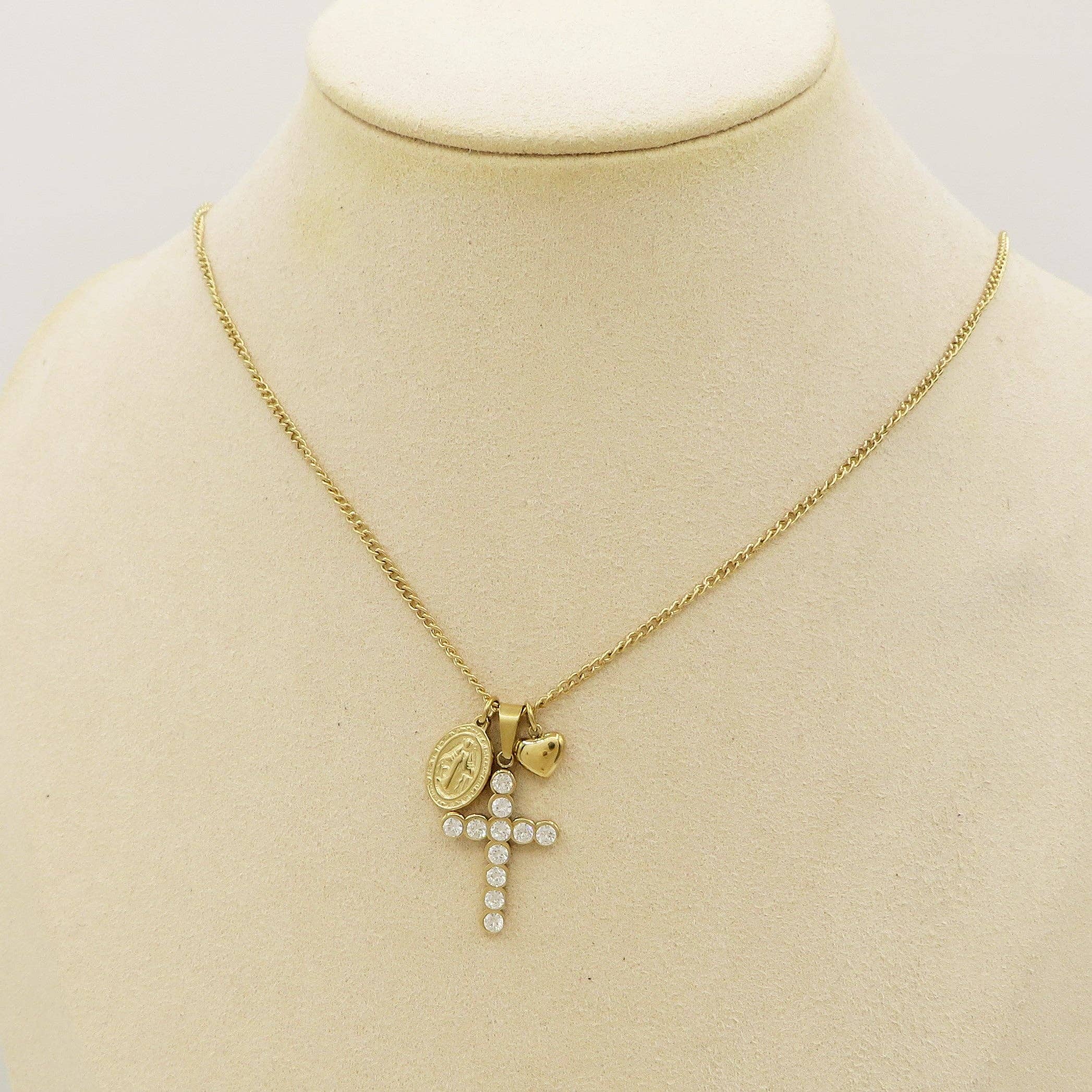 Daemon srls - Vente Colliers à pendentif - HOLY ~ Collier en acier inoxydable avec pendentifs sacrés : croix, madonnina et cœur bombé6