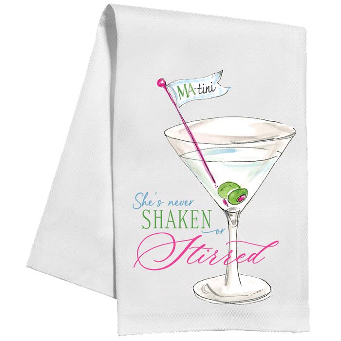 MA-Tini She's Never Shaken or Stirred Martini Kitchen Towel for wholesale by RosanneBeck Collections
