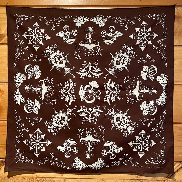 Morning Paper dot Design - Wholesale Bandana - Women's - Mushroom Patterned Brown Cotton Bandana2