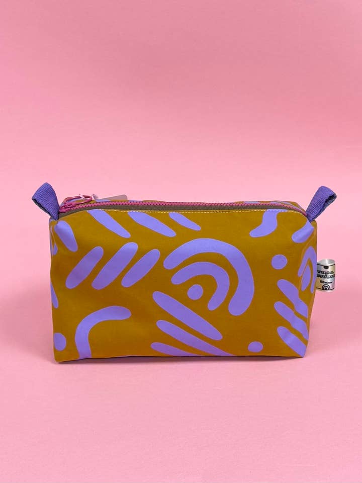 Handprinted Boxy pouch Lilac and Mustard Squiggle pattern for wholesale by Yolla.studio