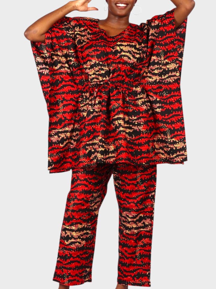 Ensemble Haut Peplum / Kaftan & Pantalon Rouge 806 pour la vente par India Batik