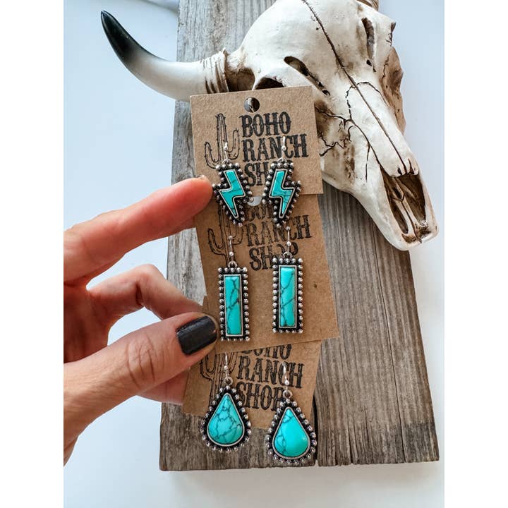Boho Ranch Shop - Wholesale Dangle Earrings - Western Hand Stone Stud Earrings Turquoise bolt bar teardrop2