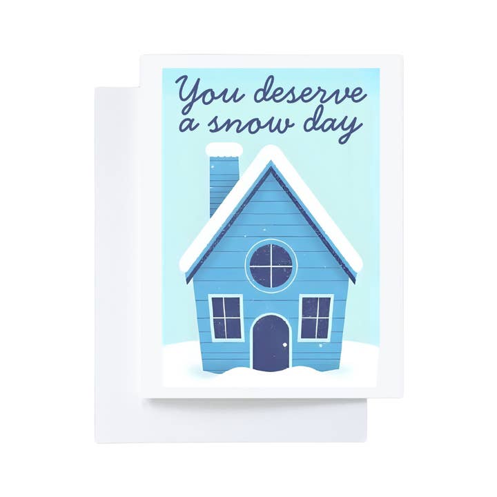 You deserve a snow day blue & white Christmas card for wholesale by Cryptic Paper Co.