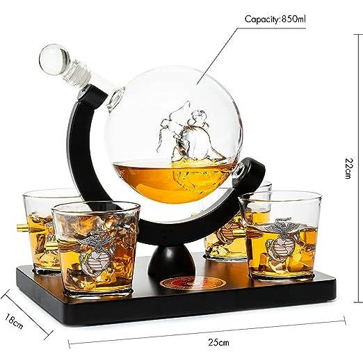 The Wine Savant / Khen Glassware - Wholesale Decanter - U.S. Marine Corpse USMC Globe Whiskey Set & 4 Glasses4