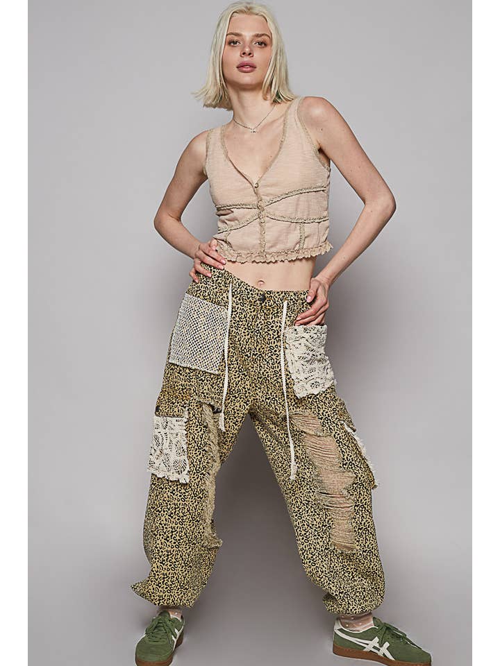 Pol Clothing - Wholesale Pants - Women's - Vintage Wash Crochet Patches Distress Jogger Pants SALE38